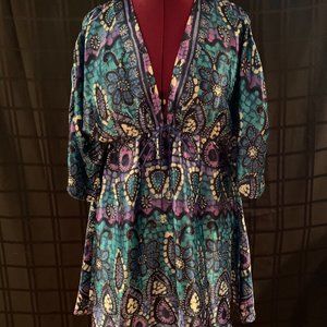 Blue, Purple, Aqua & White Silky Print Swimsuit Cover-Up